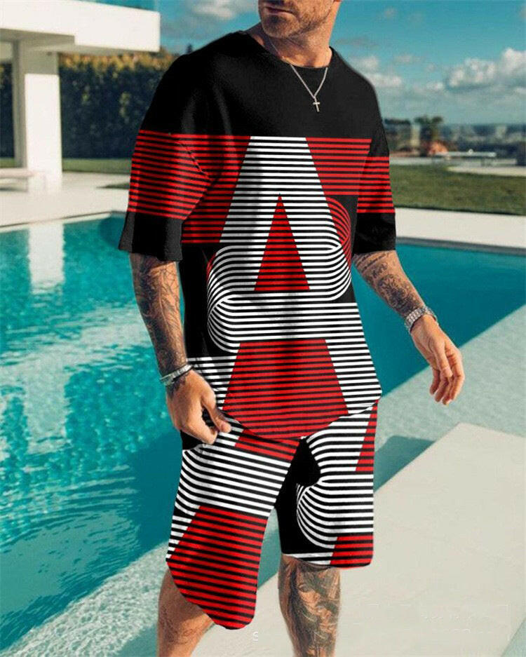 Digital Printing Men Summer Short-sleeved Beach Pants Suit