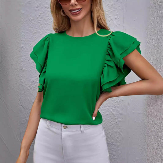 Sweet Summer Double-layer Lotus Leaf Top Round Neck T-shirt