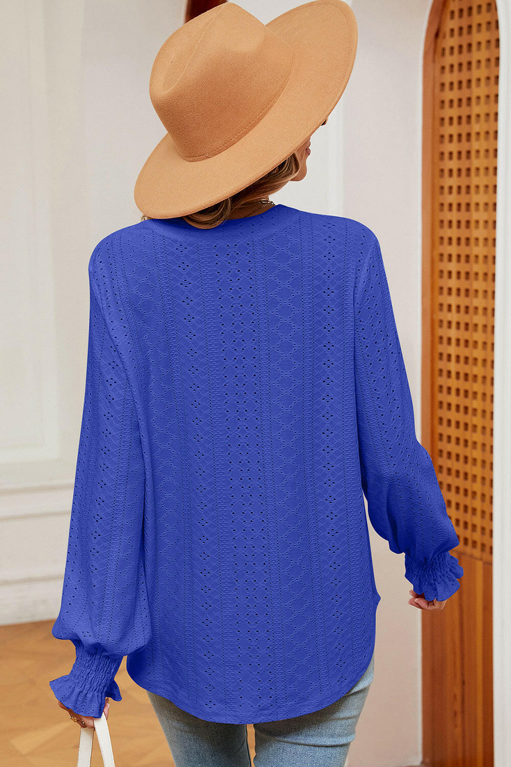 Eyelet Notched Long Sleeve T-Shirt