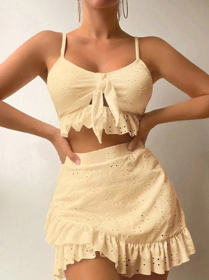 3pcs Beach Bikini With Hip-hugging Skirt Fashion Ruffle Design Swimsuit Set Summer Womens Clothing