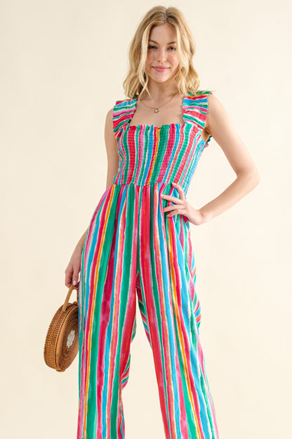 Full Size Striped Smocked Sleeveless Jumpsuit