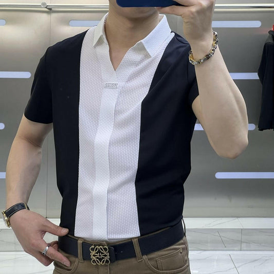 Men's Casual Short Sleeve Slim-fitting Patchwork Shirt