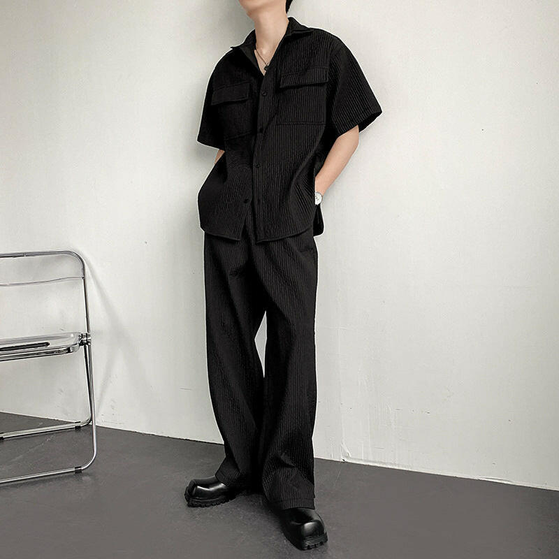 Two-Piece Pleated Suit with Short-Sleeved Shirt Set