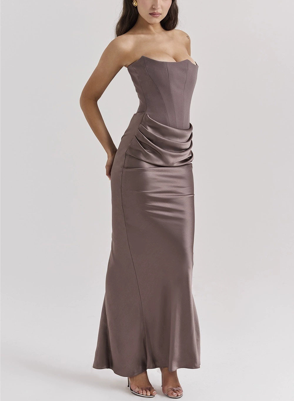 Off-Shoulder Slimming Fishbone Silk Dress – Elegant Black Statement