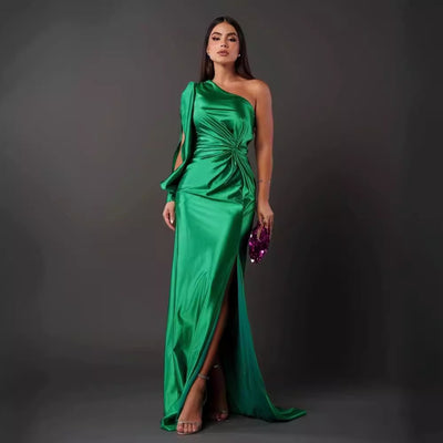 One-Shoulder Split Long Dress – Elegant Socialite Style