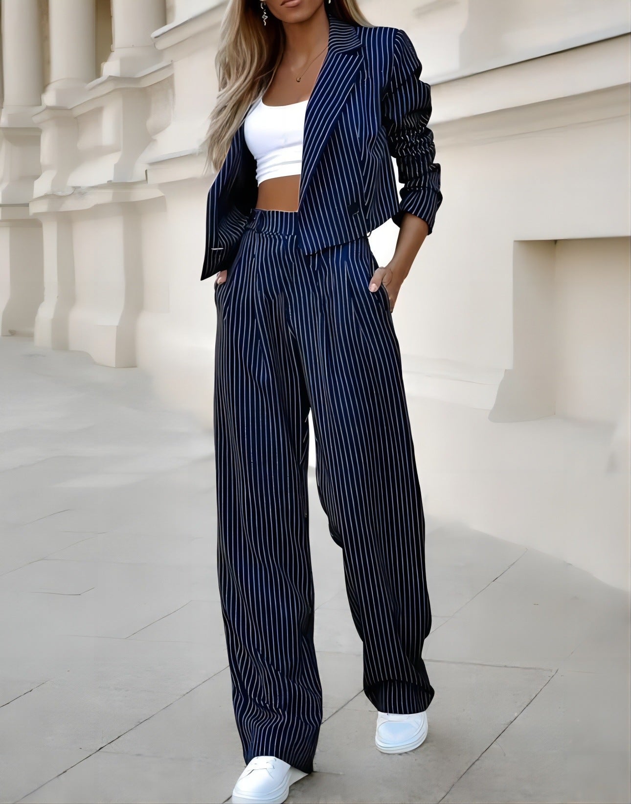 Women’s Striped Cropped Blazer & Pants Set