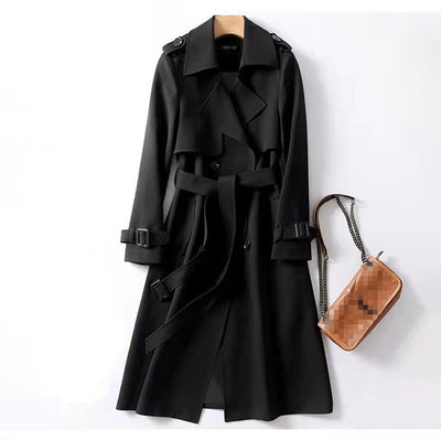 Women's Classic Trench Coat, Solid Color Long Sleeve Belted Mid-Length Jacket
