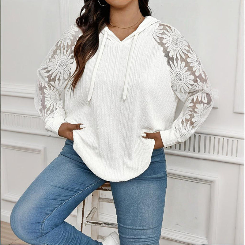 Women's Plus Size Hoodie Lace Long Sleeve Pullover Top, Fall Casual Drawstring Sweatshirt