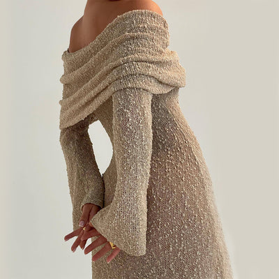 New One-shoulder Knitted Long-sleeved Dress