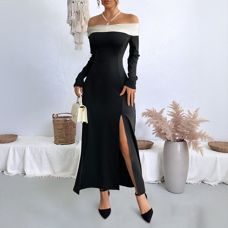Female One Shoulder Patchwork Slim Long Dress