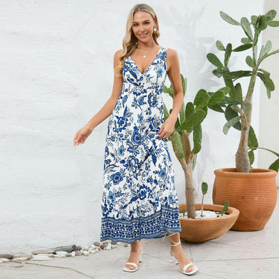 Floral Print V-neck Sleeveless Long Dress: Summer Slim Fit Fashion