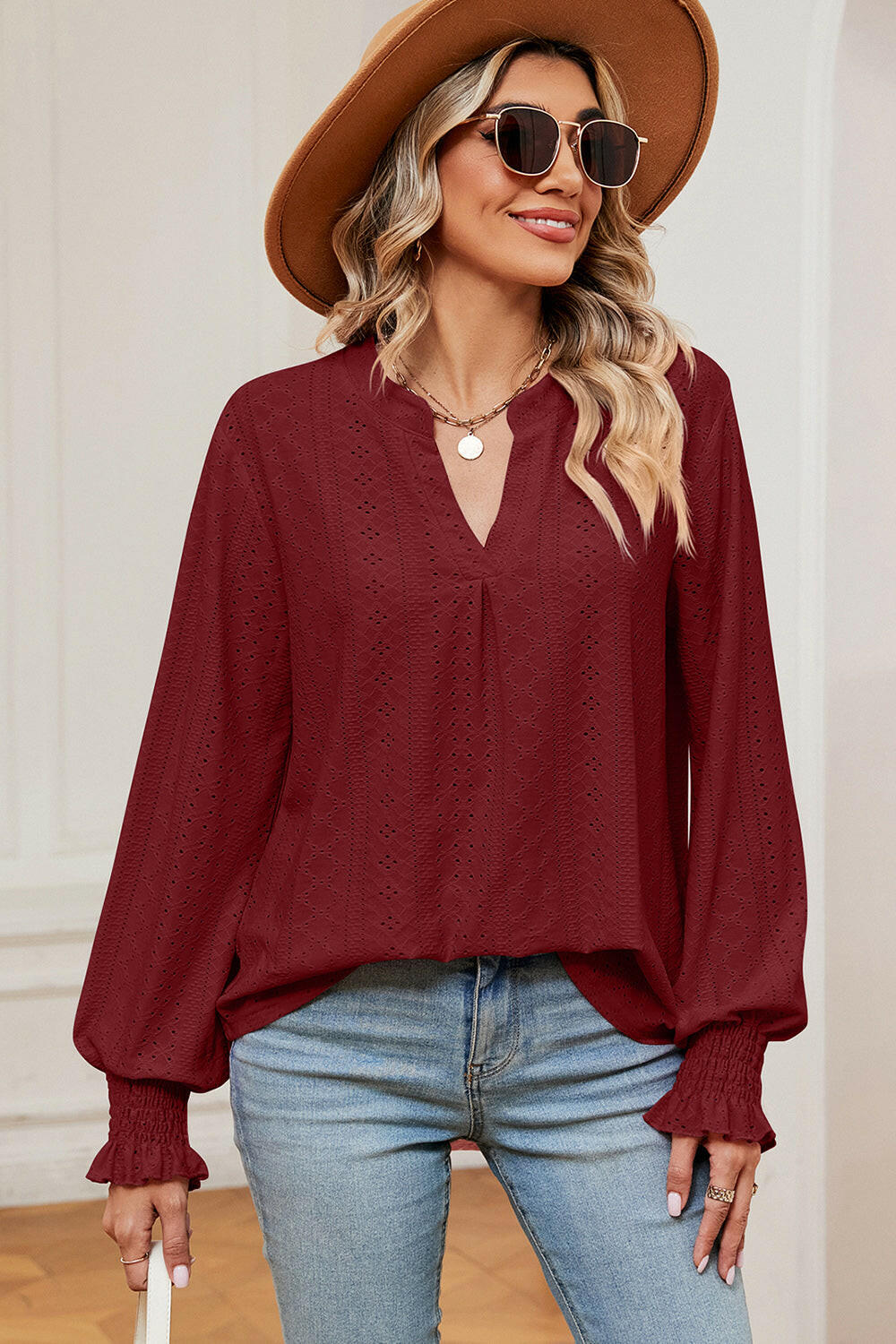 Eyelet Notched Long Sleeve T-Shirt