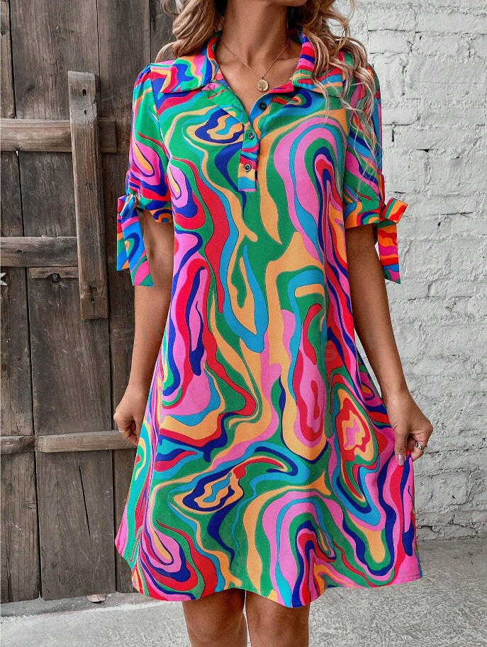 Fluid Print Shirt Dress Half Sleeve Bow Casual