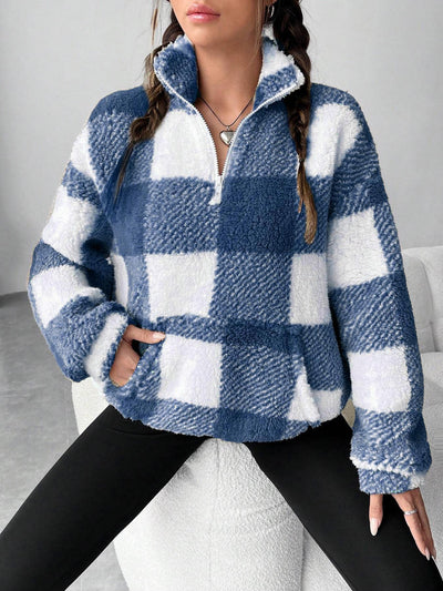 Women's Short Plaid Half-open Collar Plush Sweater