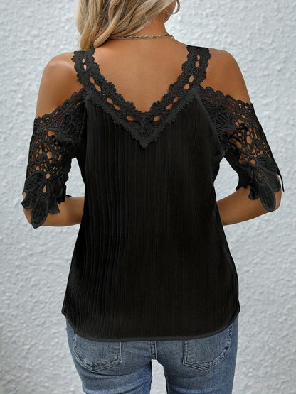 Lace Detail V-Neck Cold Shoulder Blouse