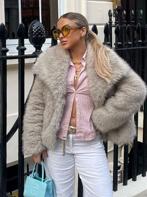 Women’s Warm Plush Lapel Jacket – Winter Outwear