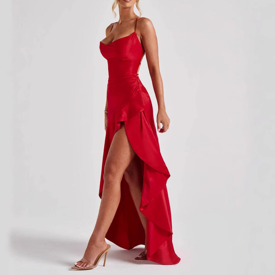 Backless Ruffles Irregular Evening Party Maxi Dress