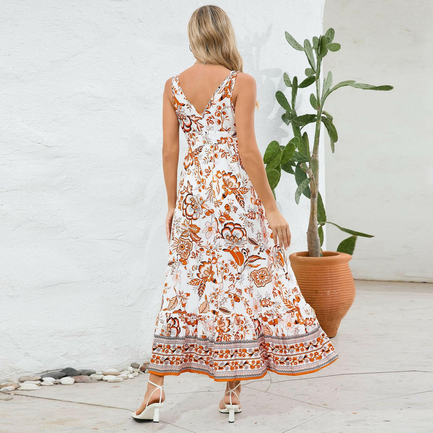 Floral Print V-neck Sleeveless Long Dress: Summer Slim Fit Fashion