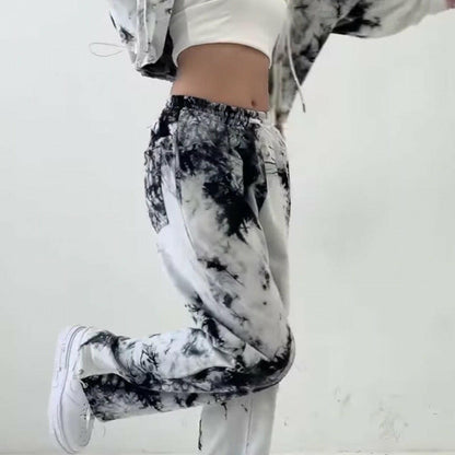 Loose High Waist Straight Tie-dye Splash-ink Elastic Waist Casual Pants