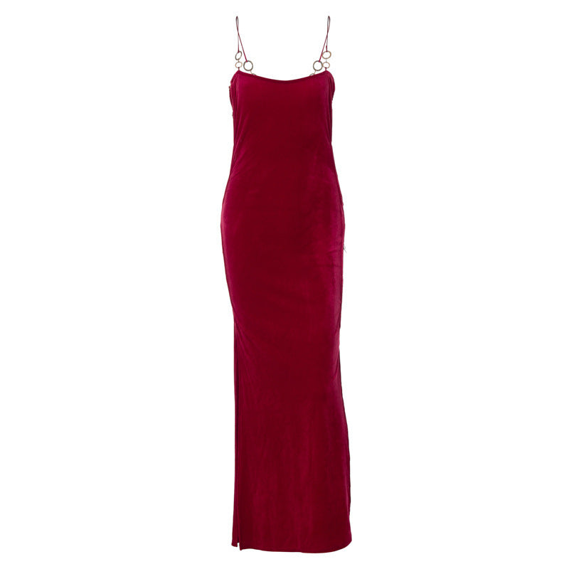 Solid Color Suede Side Hollow Sexy Stitching Steel Ring Sling Dress