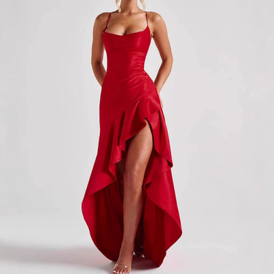 Backless Ruffles Irregular Evening Party Maxi Dress