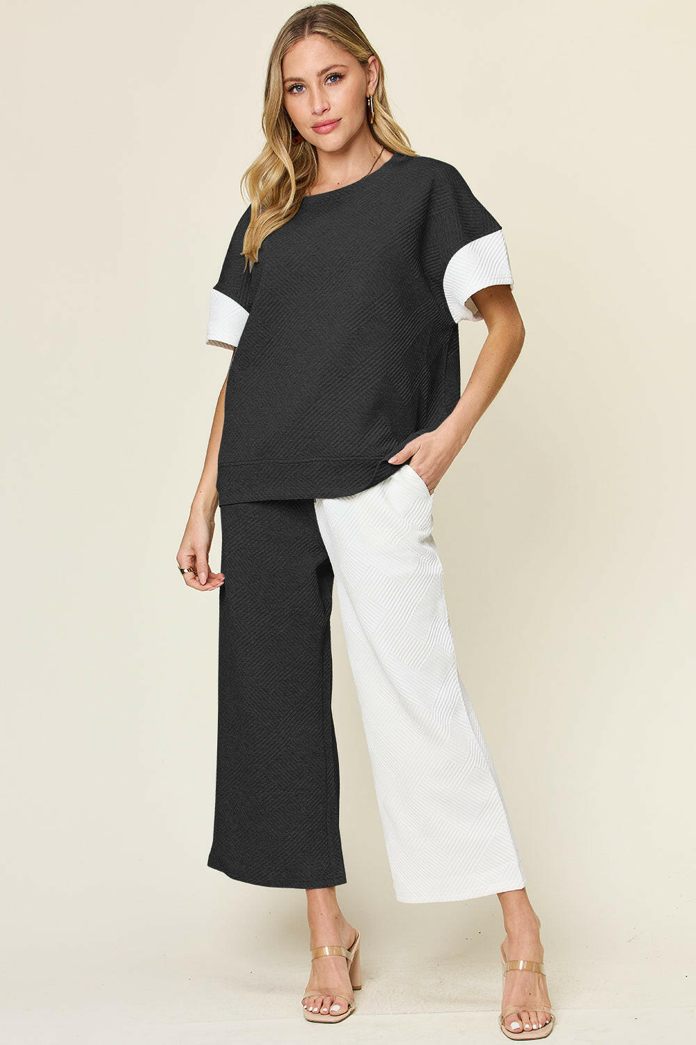 Double Take Full Size Texture Contrast T-Shirt and Wide Leg Pants Set