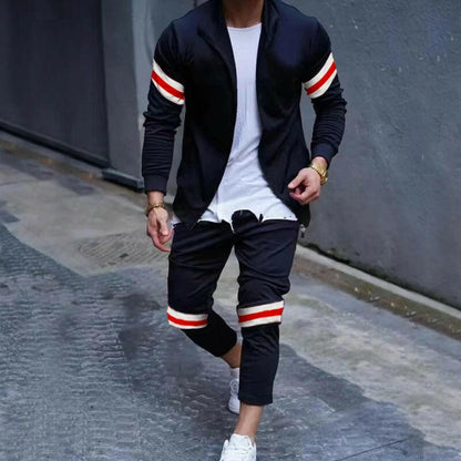 Slim-Fit Men's Sports Long-Sleeved Cardigan Sweater and Fashionable Casual Trousers Set