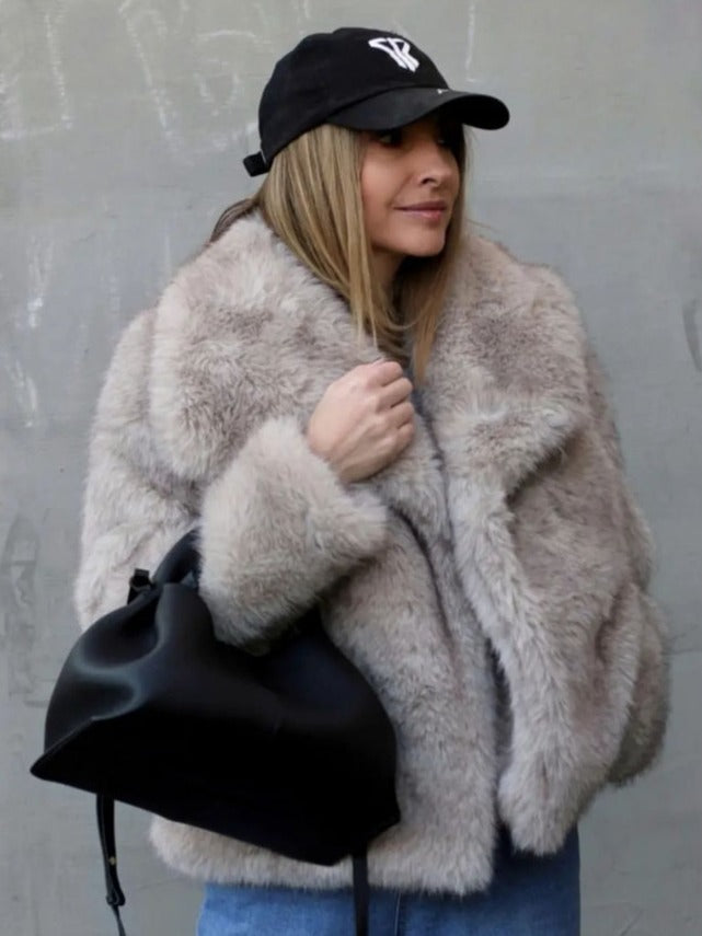 Women’s Warm Plush Lapel Jacket – Winter Outwear