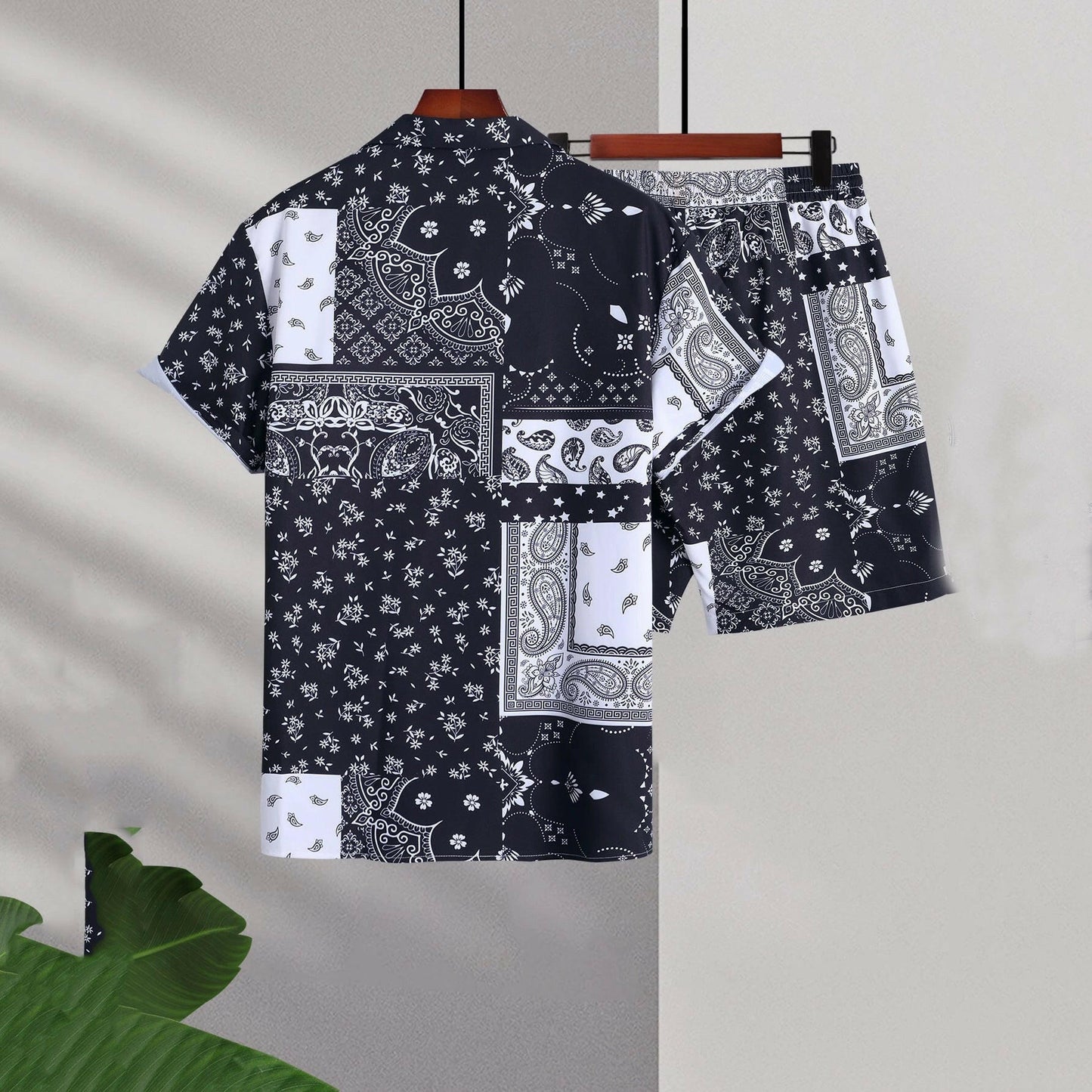 Men's Casual Cardigan and Shorts Set with Cashew Flower Design