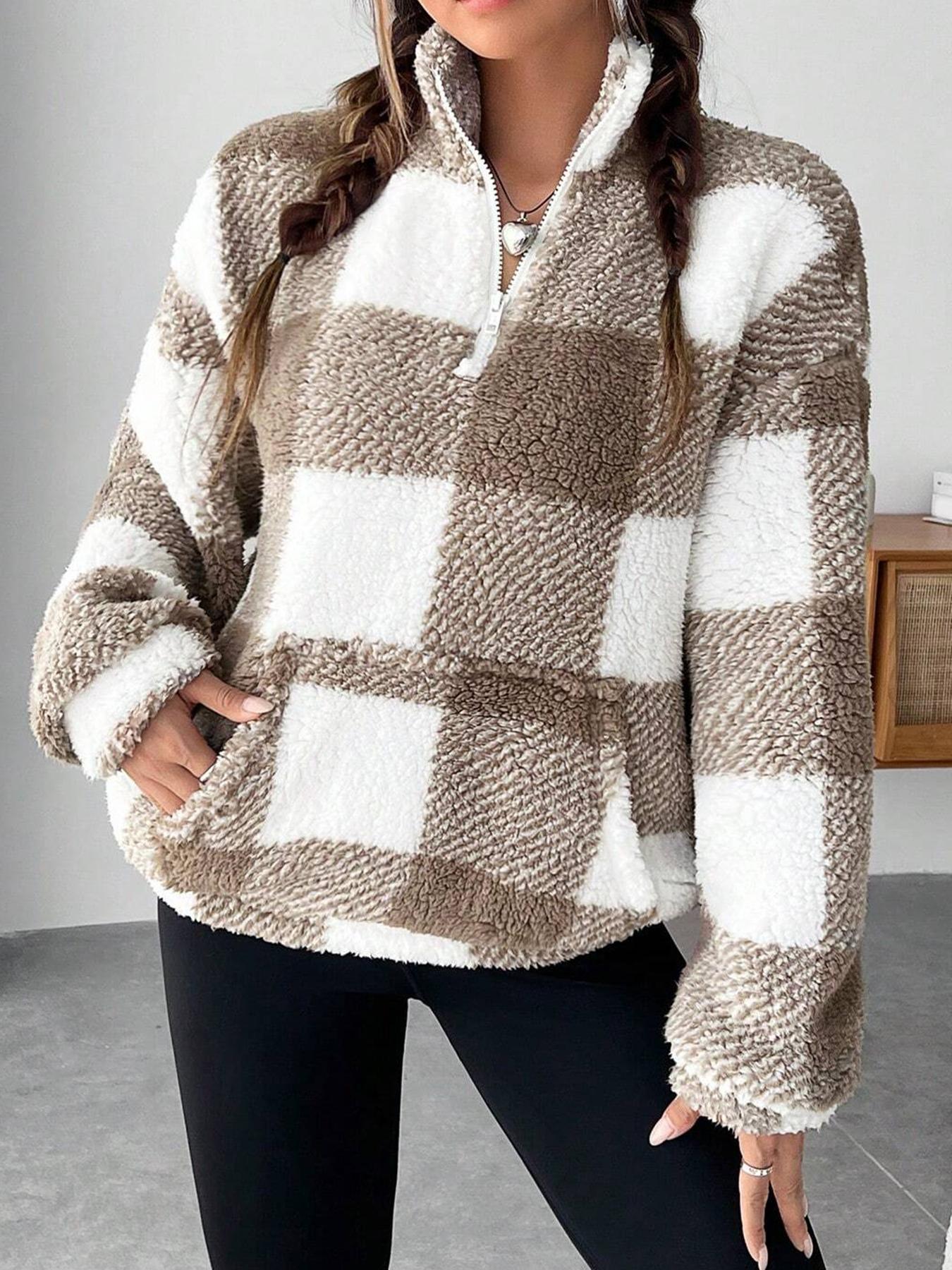 Women's Short Plaid Half-open Collar Plush Sweater