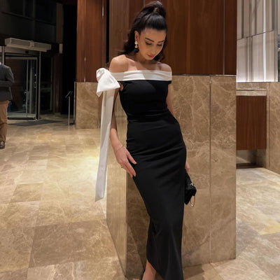 Women’s Off-Shoulder Ribbon Dress – Slim Fit Style