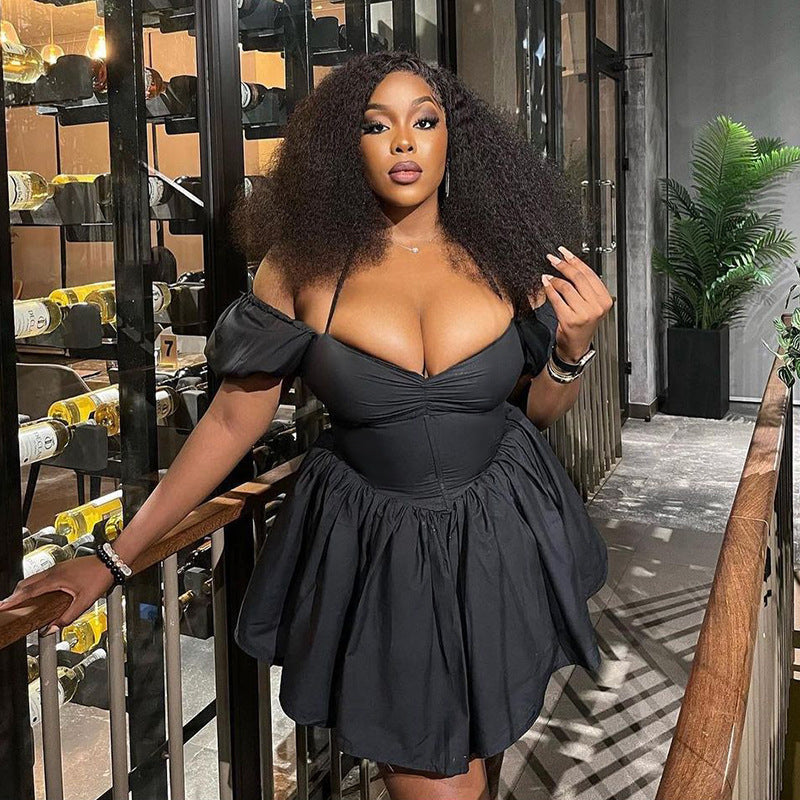 Off-shoulder Halterneck Skirt Puff Sleeve Dress