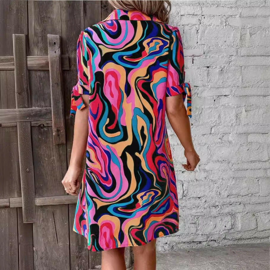 Fluid Print Shirt Dress Half Sleeve Bow Casual