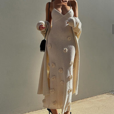 Women's Braces Skirt Three-dimensional Flower Knitted Backless Lace-up Dress
