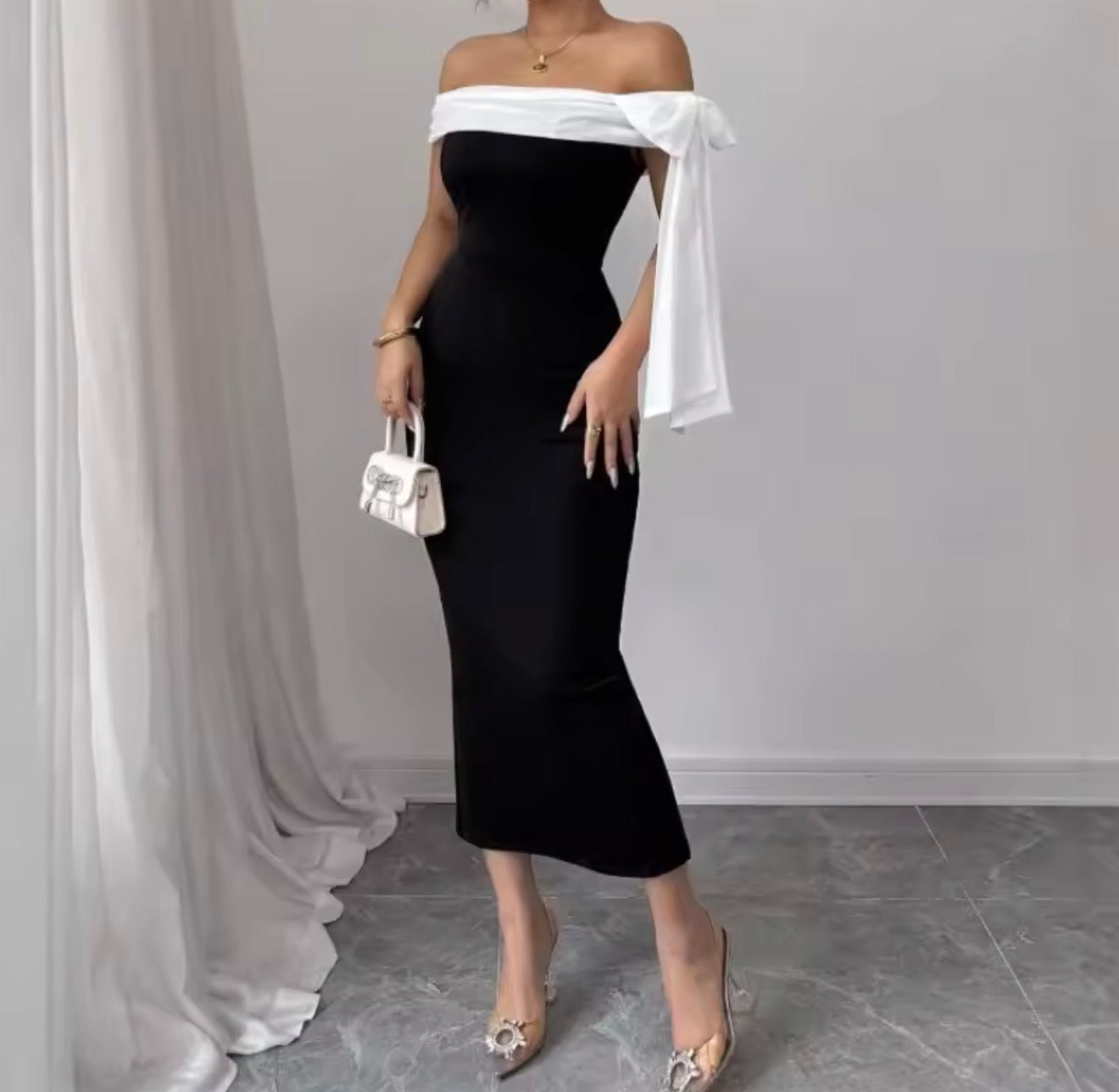 Women’s Off-Shoulder Ribbon Dress – Slim Fit Style