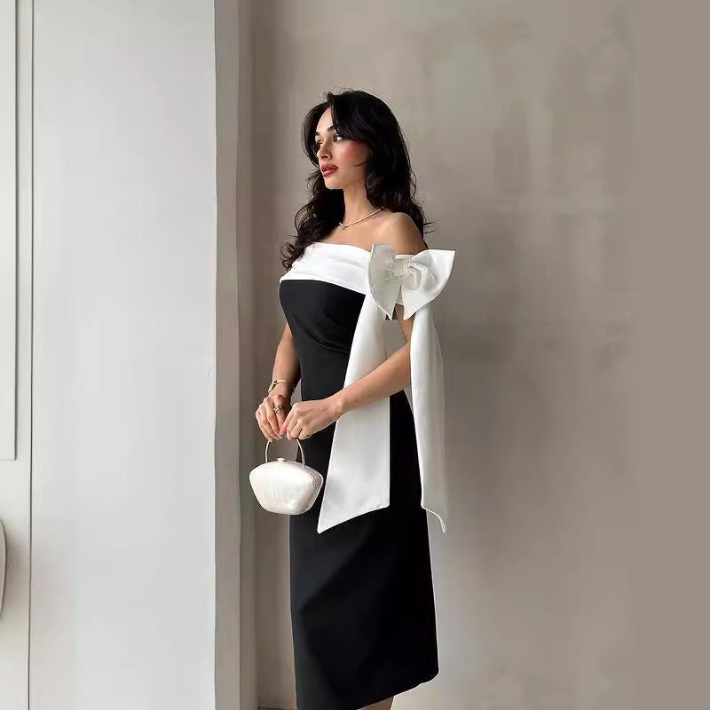 Off-shoulder Bow Black And White Elegant Cocktail Dress