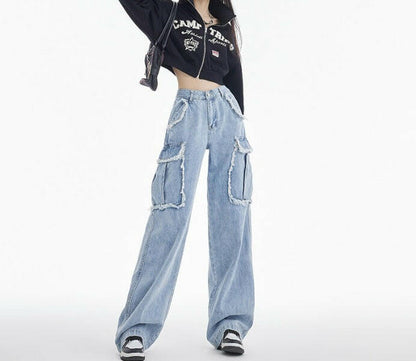 Plush Pocket Workwear Denim Wide Leg Pants