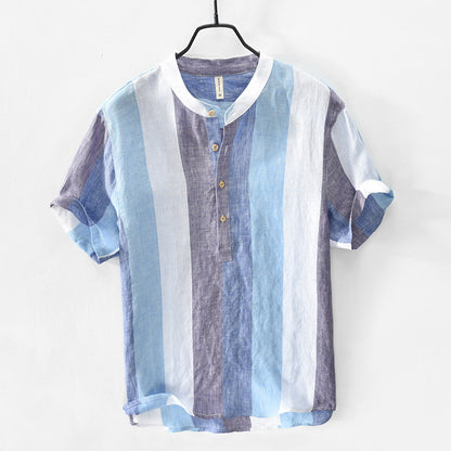 Men's Short Sleeve Linen Shirt Stand Collar Pullover