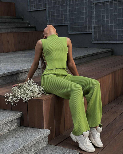 Knitted Woven Vest Pants 2 Pieces Matching Suit