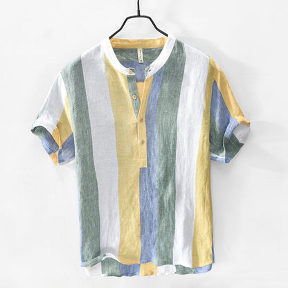 Men's Short Sleeve Linen Shirt Stand Collar Pullover