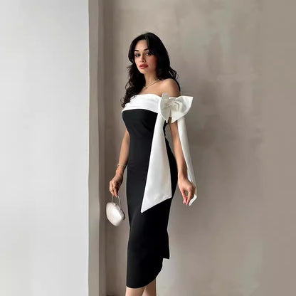 Off-shoulder Bow Black And White Elegant Cocktail Dress