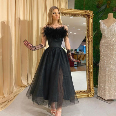 Feather Straps Tulle Evening Dress