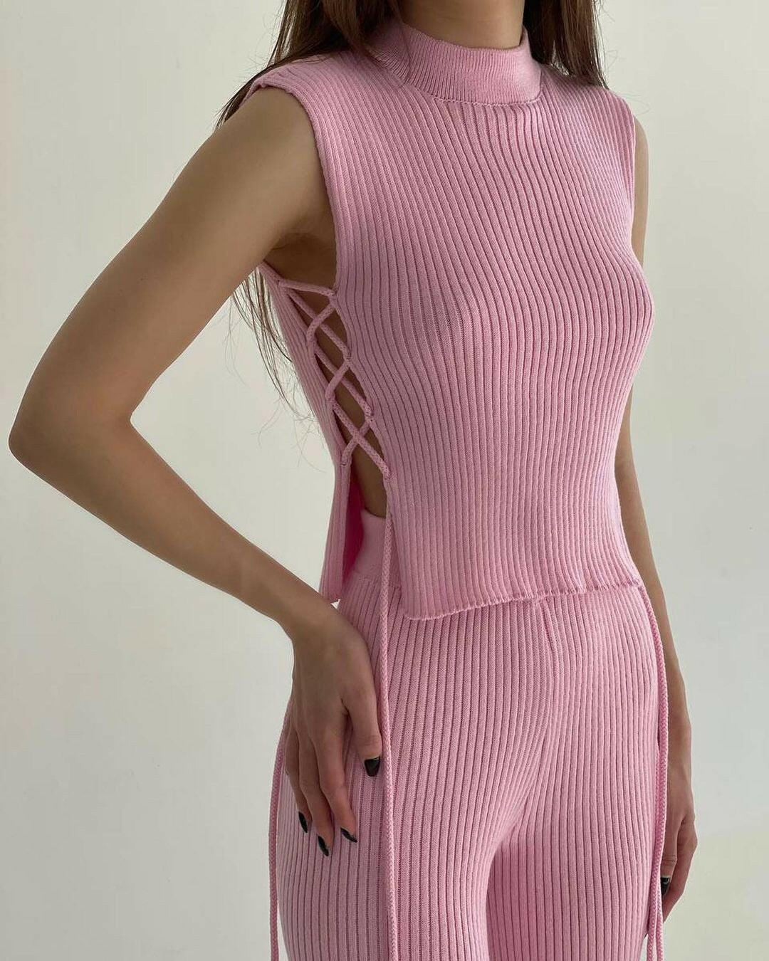 Knitted Woven Vest Pants 2 Pieces Matching Suit