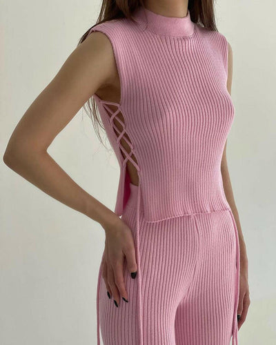 Knitted Woven Vest Pants 2 Pieces Matching Suit
