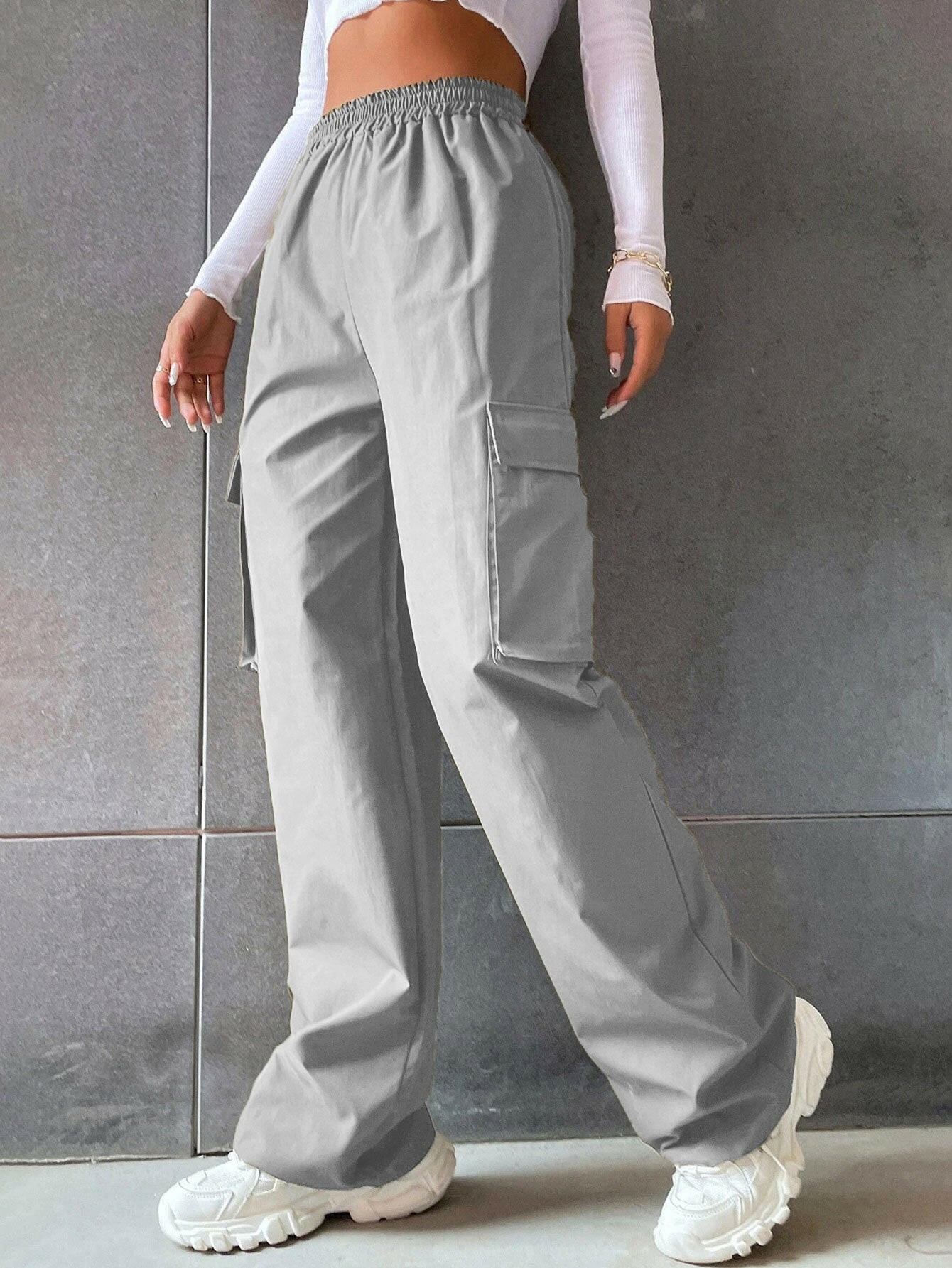 Women's Fashion Solid Color High Waist Flip Workwear With Pocket Pants