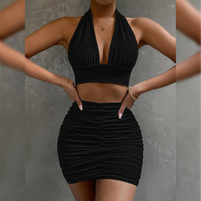 Women's Matching Set: Halter Top with Lace-up and Pleated Skirt