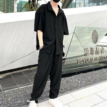 Casual Men's Loose Pleated Texture Shirt and Trousers Two-Piece Set