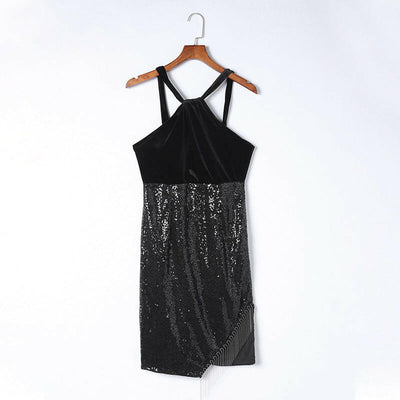 Solid Color Waist Tight Slimming Sequined Tassel Sleeveless Dress