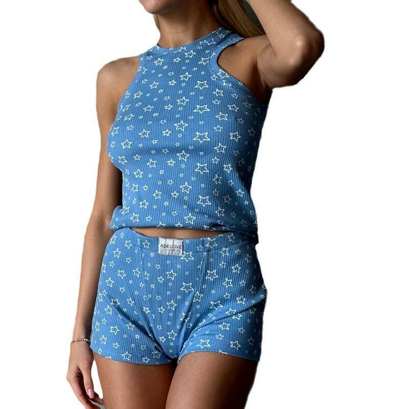 Personalized Printed Round Neck Sleeveless Shorts Two-piece Pajamas