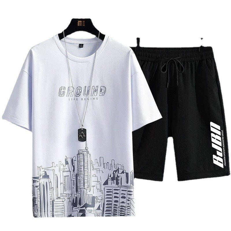 Printed Men's Short-Sleeved T-shirt and Shorts Sports Two-Piece Set